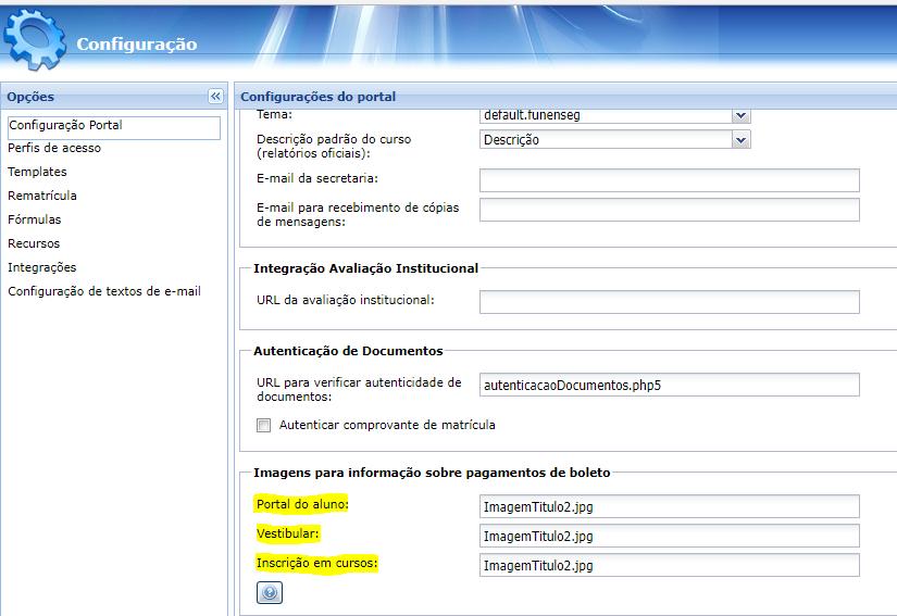 configuração do portal, um novo grupo de parâmetros (Imagens para informação sobre