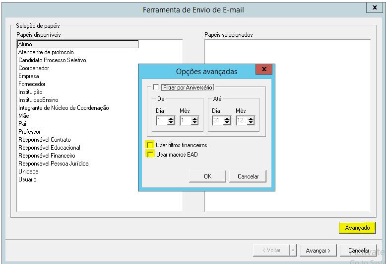 1. Acadêmico 1.2. Novos filtros na Ferramenta de Envio de E-mail Na rotina para envio de e-mails foram incluídos dois parâmetros nas opções avançados, Usar filtros financeiros, e Usar macros EAD.