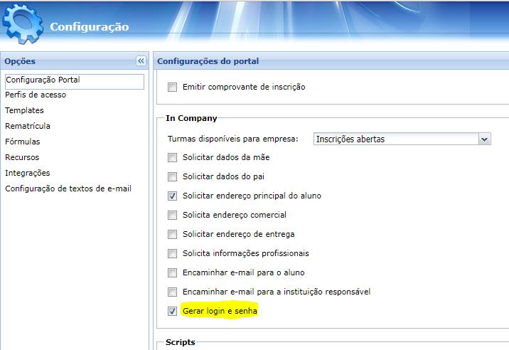 2. Inscrição 2.7. Geração de login e senha: Incluído parâmetro não obrigatório na configuração do portal para definir se permite gerar login e senha.