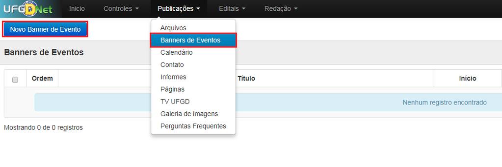 Passo 2: Navegue nos menus superiores, clique na aba Publicações e escolha a opção de menu Banners de Eventos.