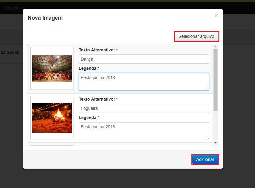 Clique em Selecionar Arquivo e adiciona as imagens desejadas. Preencha os campos Texto Alternativo e Legenda e clique no botão Adicionar para adicionar todas as fotos a galeria.