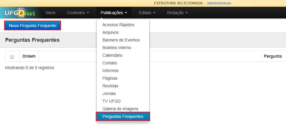 Passo 2: Navegue nos menus superiores, clique na aba Publicações e escolha a opção de menu Perguntas Frequentes. Em seguida clique em Nova Pergunta Frequente.