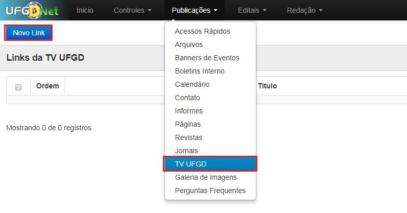 Passo 2: Navegue nos menus superiores, clique na aba Publicações e escolha a opção de menu TV UFGD.