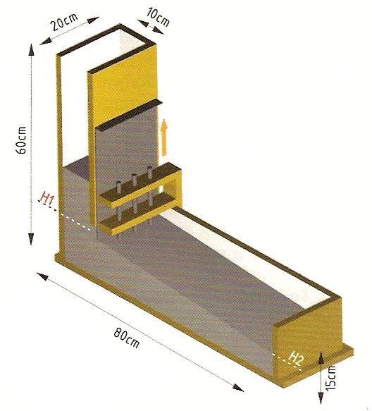 58 munida de uma portinhola móvel para a separação entre o compartimento vertical, onde é armazenado o concreto a ser ensaiado, e o compartimento horizontal, por onde o mesmo escoa por entre três