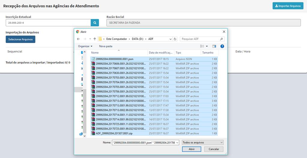 4.3.4 Acionar o botão Selecionar Arquivos, buscar a pasta ADF, selecionar todos os arquivos nela contidos e