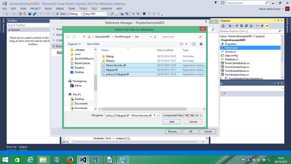 Figura 10: Adicionando as bibliotecas do Npgsql. Classe Access Esta classe criará a String de Conexão para facilitar nossa vida.