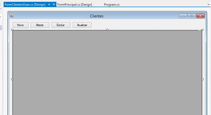 Adicione um componente DataGridView e altere as seguintes propriedades do mesmo: Name para dgvclientes, AllowUserToAddRows e AllowUserToDeleteRows para False, MultiSelect para False, ReadOnly para