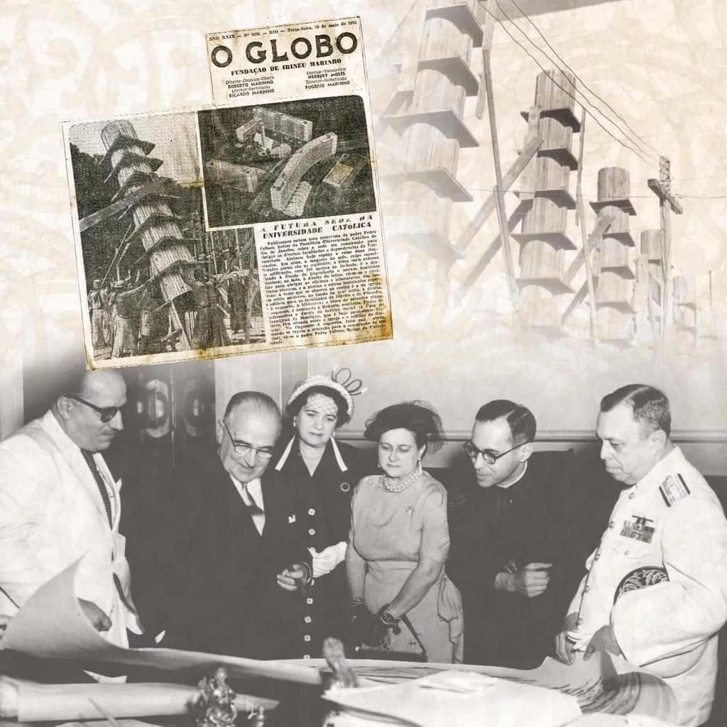 Os alicerces e o sonho no jornal O Globo, 26/05/1953. Na foto, os operários e o Reitor Padre Velloso, S.J.
