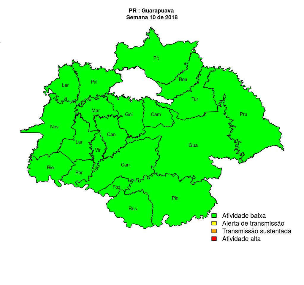 Regional Guarapuava Desde o início do ano, 77 casos de dengue foram registrados na Regional de Boa Ventura de São Roque Palmital Pinhão Porto Barreiro Prudentópolis Foz do Jordão Goioxim Guarapuava