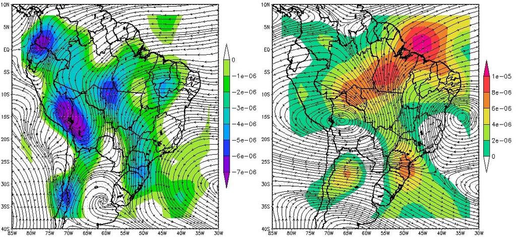 estado do Acre neste período. Já em altos níveis, a circulação média neste período apresentou uma intensa circulação anti-ciclônica sobre o oeste do continente sul-americano.