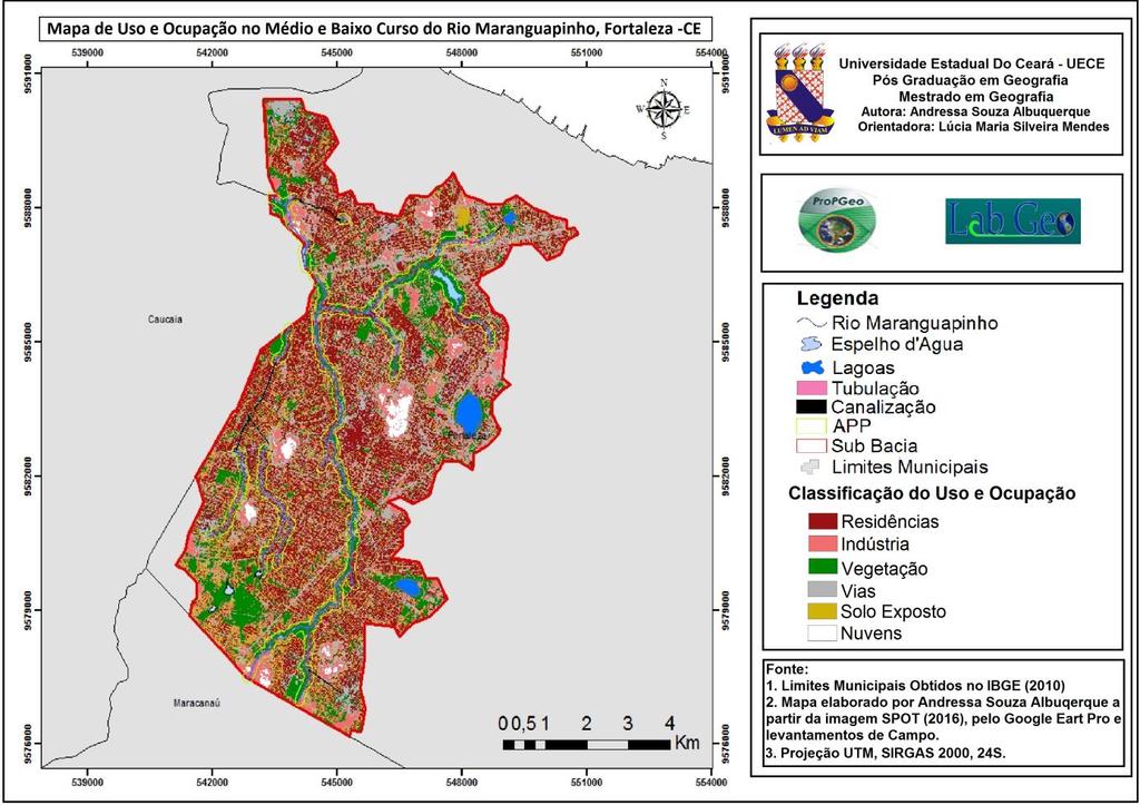 Figura 2: Mapa de uso e ocupação no médio e baixo curso do rio Maraguapinho, em Fortaleza CE. Fonte: ALBUQUERQUE, 2017.