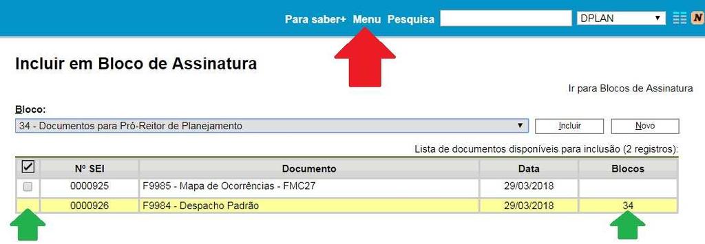 - Conforme setas verdes é possível verificar que o documento encontra-se dentro do bloco.