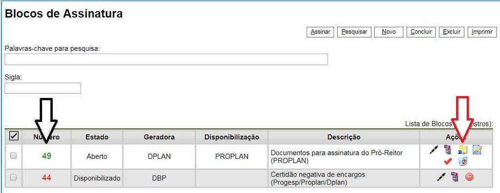 - Em Número (seta preta), é possível clicar sobre os números dos blocos para consultar se os documentos para assinatura encontram-se dentro do bloco.