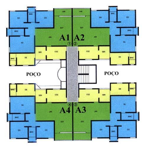 O edifício 1 possui dois poços abertos e apresenta a menor compacidade (,); os edifícios e, três poços cada um e compacidades intermediárias