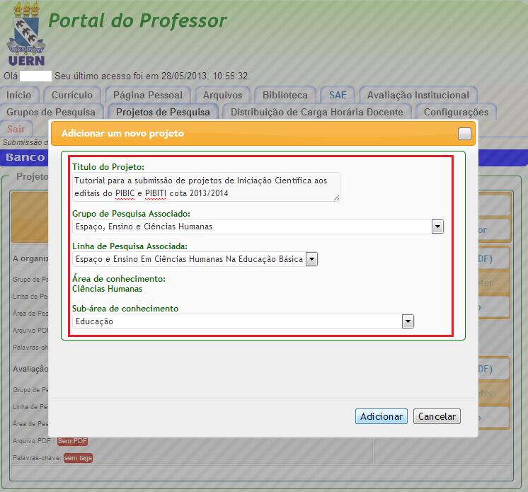 Será apresentada uma tela onde deverá ser informado o título do projeto, o Grupo de Pesquisa do responsável pelo projeto, a Linha de Pesquisa do projeto e