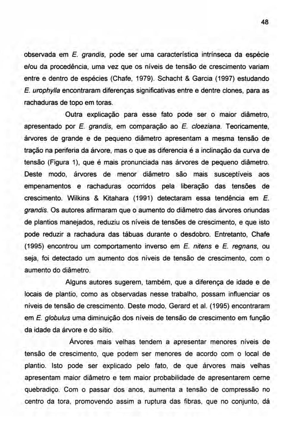 48 observada em E. grandis, pode ser uma característica intrínseca da espécie elou da procedência, uma vez que os níveis de tensão de crescimento variam entre e dentro de espécies (Chafe, 1979).