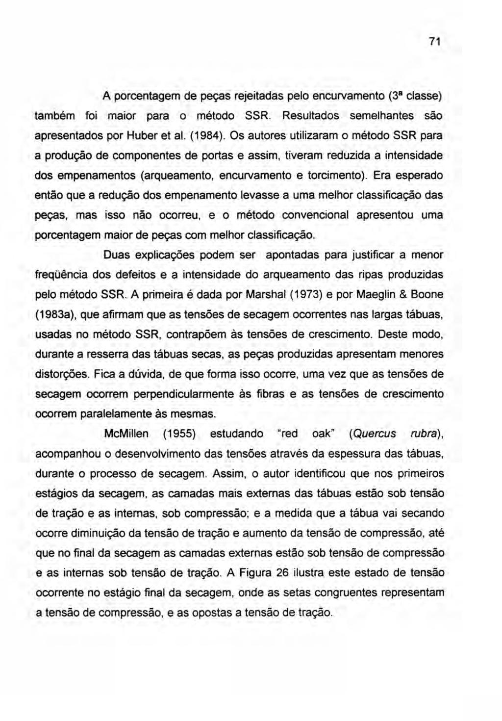 71 A porcentagem de peças rejeitadas pelo encurvamento (3 8 classe) também foi maior para o método SSR. Resultados semelhantes são apresentados por Huber et a!. (1984).