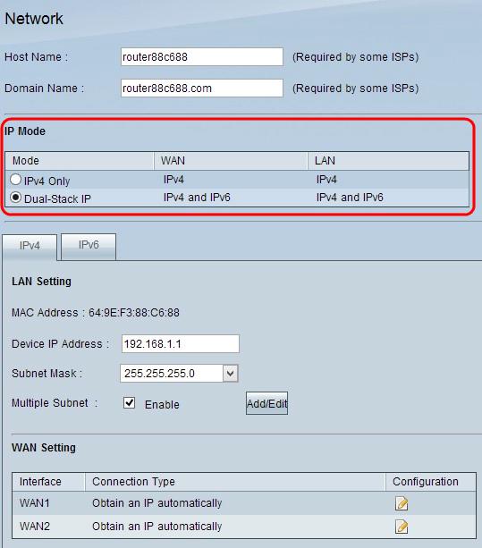 Etapa 2. Clique o botão de rádio IP da pilha dual na área do modo IP para configurar a distribuição do IPv6. Etapa 3. Enrole para baixo e clique a salvaguarda para salvar os ajustes.