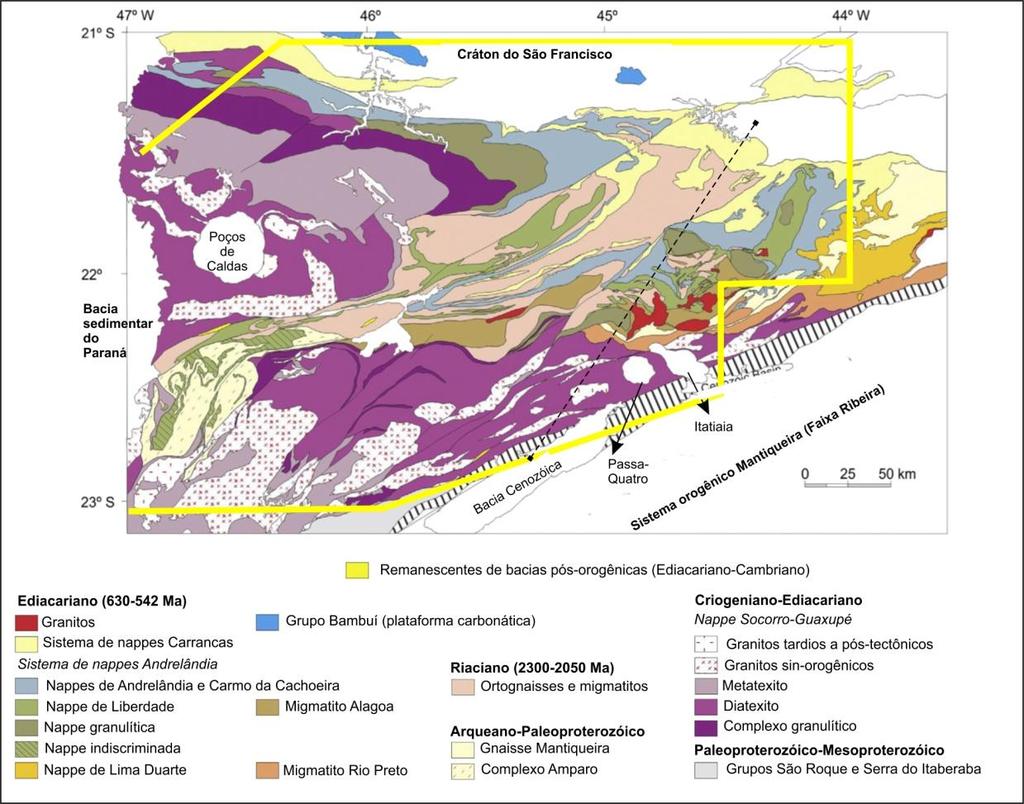 Figura 4 - Mapa geológico da região Sul do Cráton do São Francisco segundo Trouw et al. (2013), com a área de estudo em amarelo.