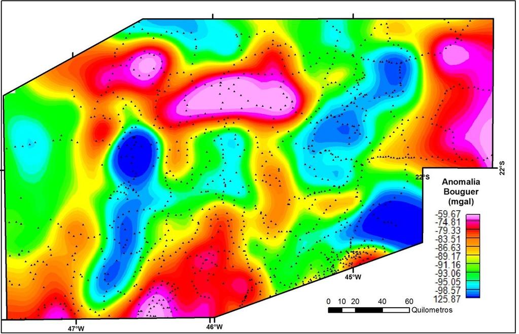 42 Por meio deste processamento se pode subtrair do mapa gravimétrico inicial aquela parcela de sinal que pode ser descartada, com a geração de uma carta de anomalia Bouguer final (figura 24),