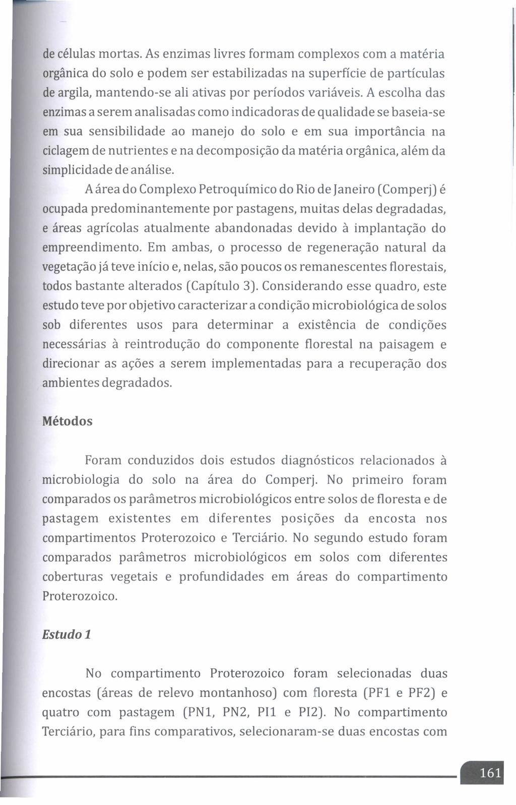 de células mortas. As enzimas livres formam complexos com a matéria orgânica do solo e podem ser estabilizadas na superfície de partículas de argila, mantendo-se ali ativas por períodos variáveis.