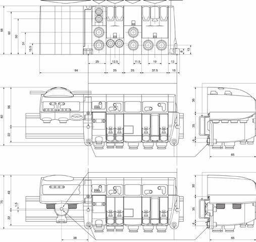 DIMENSÕES 2 - Ilhas de Válvulas com Comunicação Serial Field bus Largura do módulo com comunicação serial: 62 mm Largura do módulo e placa lateral: 48 mm Largura dos módulos tamanho 1: 25 mm Largura