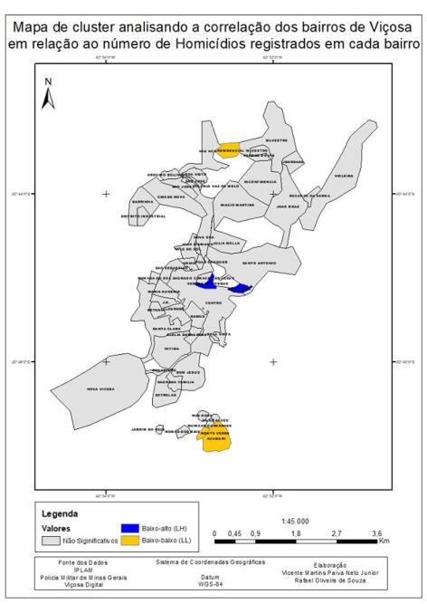 bairros de Ramos, Lourdes receberam a classificação alto-alto (HH), o que indica que esses bairros obtiveram altos índices para a relação roubos por hectare, e localizado em áreas em que os vizinhos