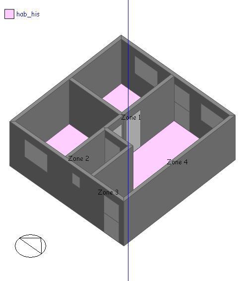 As figuras 2, 3 e 4 ilustram a habitação simulada no trabalho e as zonas térmicas