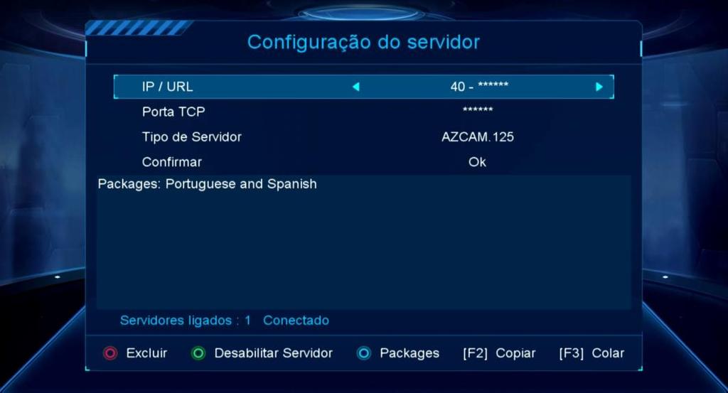 Esse comando ativará a opção do servidor 40 no Menu>>Expansão>>Servidor, responsável pela comunicação do seu decodificador com o servidor da Az-America.