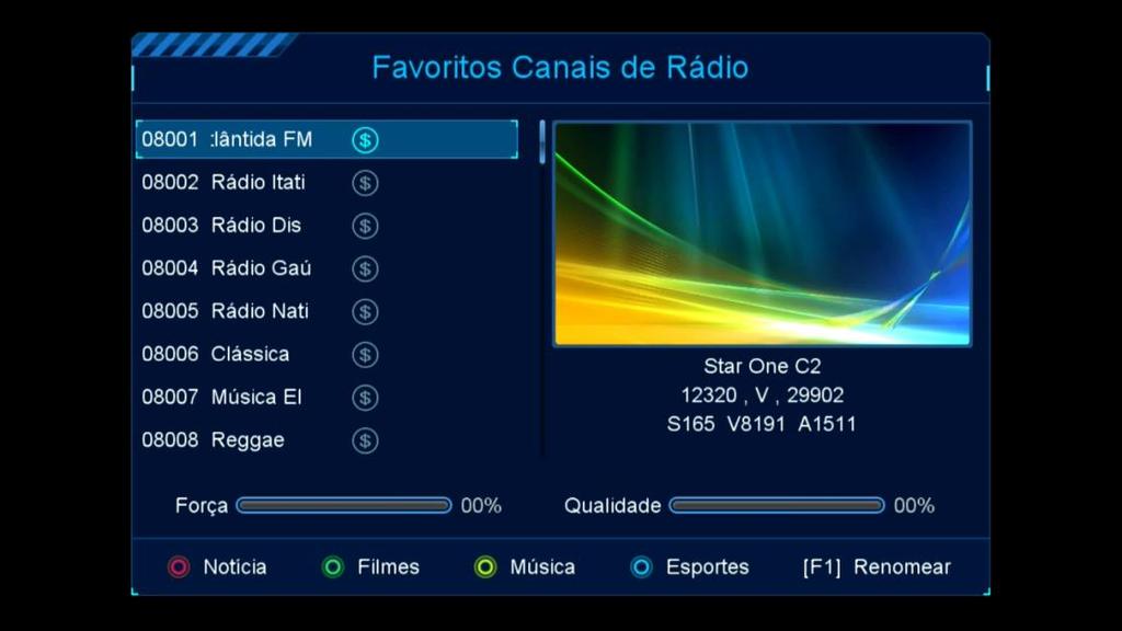 6.4) Menu>>Editar Canal>>Favoritos Canais de Rádio: Sub menu destinado ao