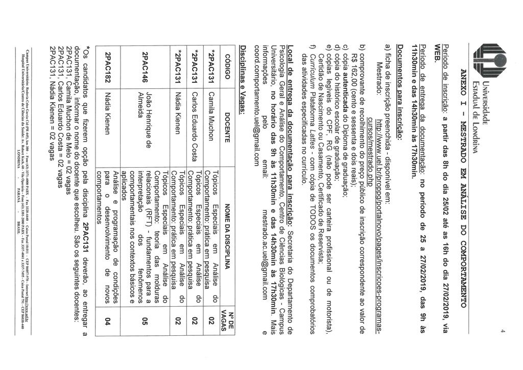4 EsTAdüAl de U)NdRÍNA ANEXO I - MESTRADO EM ANALISE DO COMPORTAMENTO Período de inscrição: a partir das 8h do dia 25/02 até as 16h do dia 27/02/2019, via WEB.