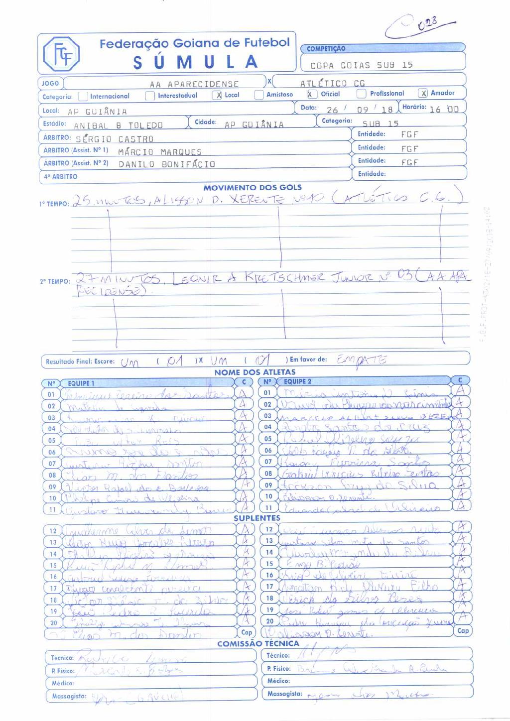 JOGO Federação Goiana de Futebol SÚMULA Categoria: L) Internacional ri Interestadual 3 Local Local: AP GUANIA Estádio: AN IBAL 13 TOLEDO I Cidade: ÁRBITRO: SÉRGIO CASTRO ÁRBITRO (Assist.