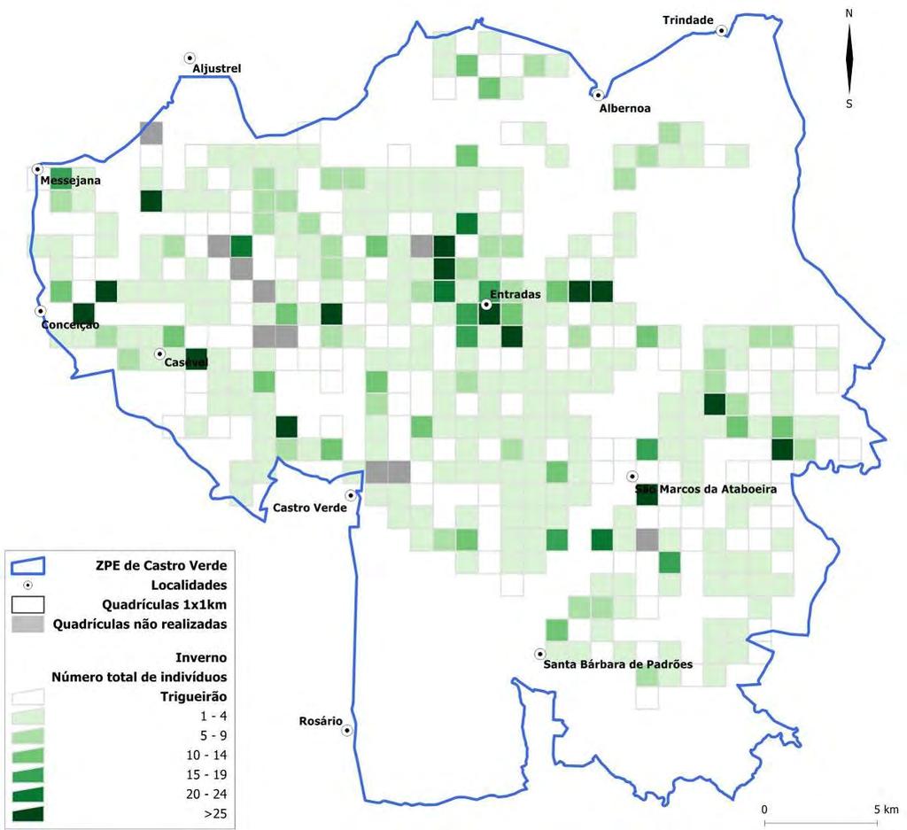 Figura 39 Distribuição e número total de indivíduos de trigueirão durante o Inverno, por quadrícula 1x1km, na