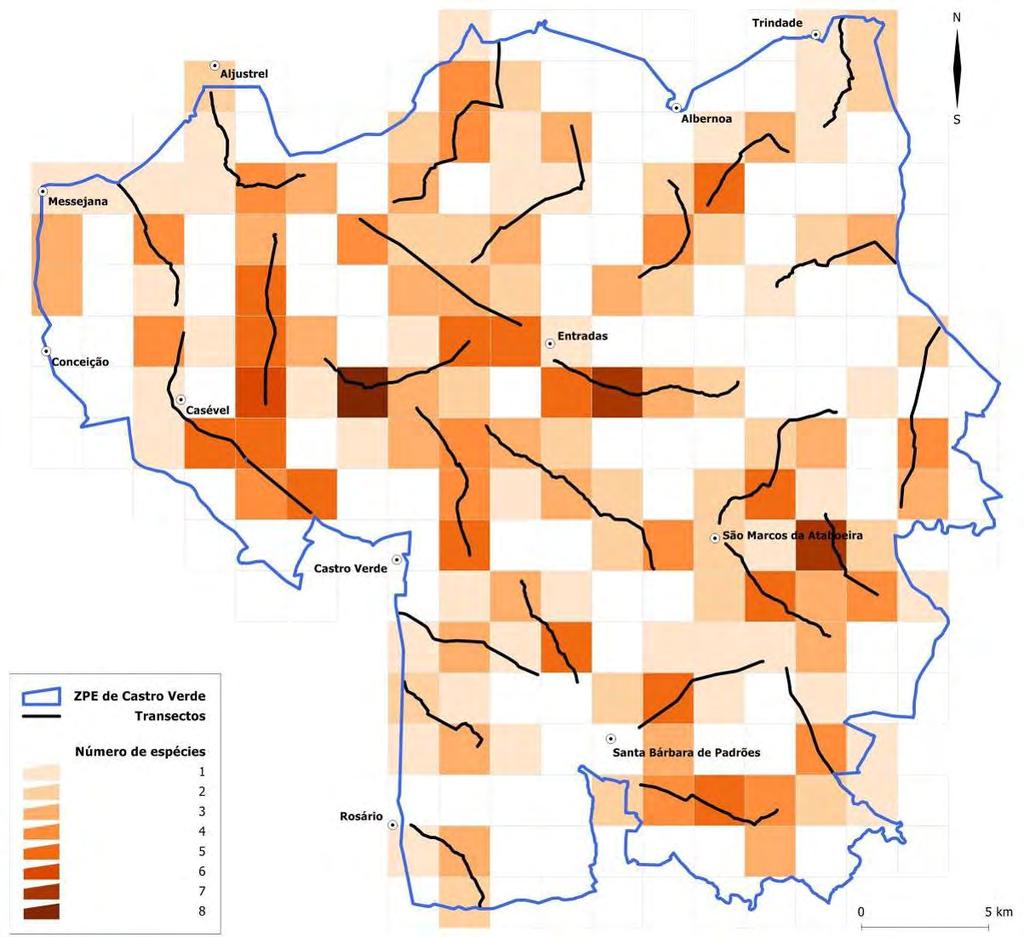 Figura 45 Número total de espécies de aves de rapina e outras planadoras detectadas por quadrícula 2x2km, através da amostragem por transectos efectuada durante a Primavera (Abril, Maio e Junho de