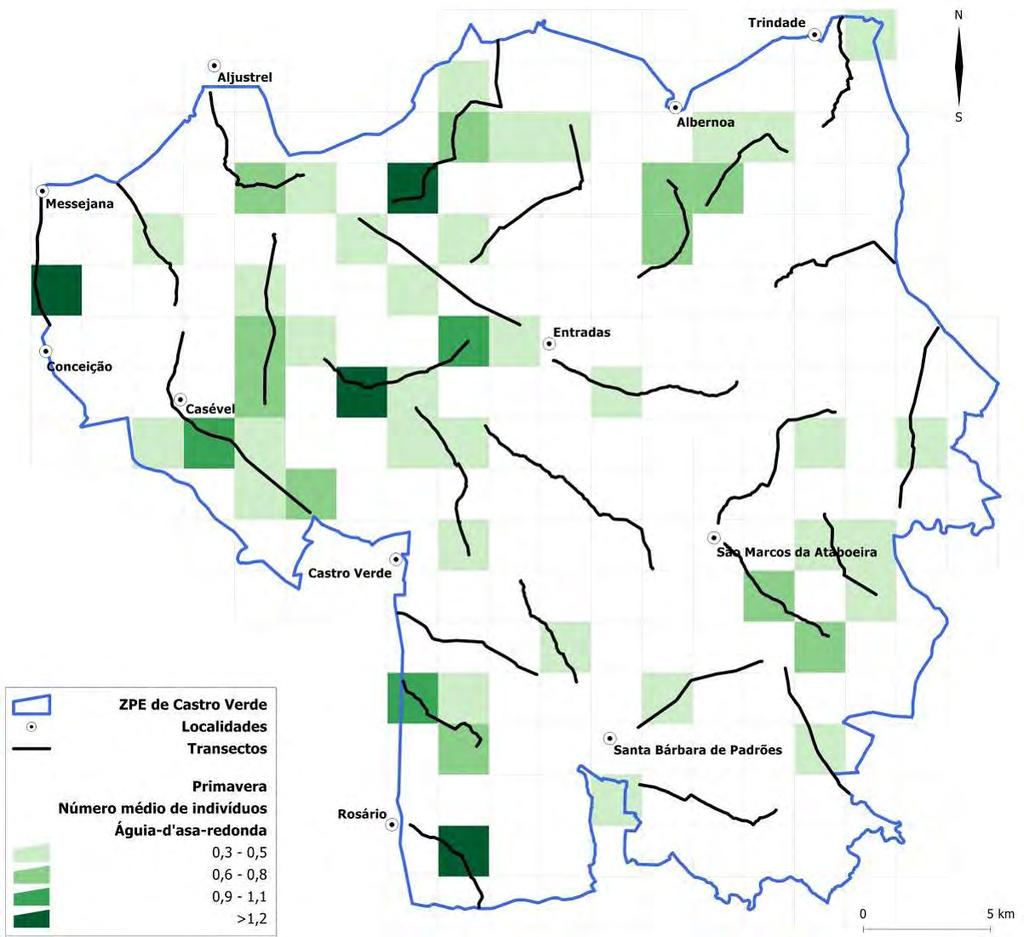 Figura 66 Distribuição e número médio de indivíduos de águia-d asa-redonda durante a Primavera, por quadrícula 2x2km,