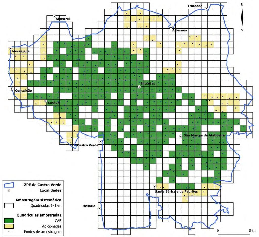 Figura 2 Localização das quadrículas 1x1km e dos pontos de amostragem considerados na Amostragem Sistemática, na ZPE de Castro Verde.