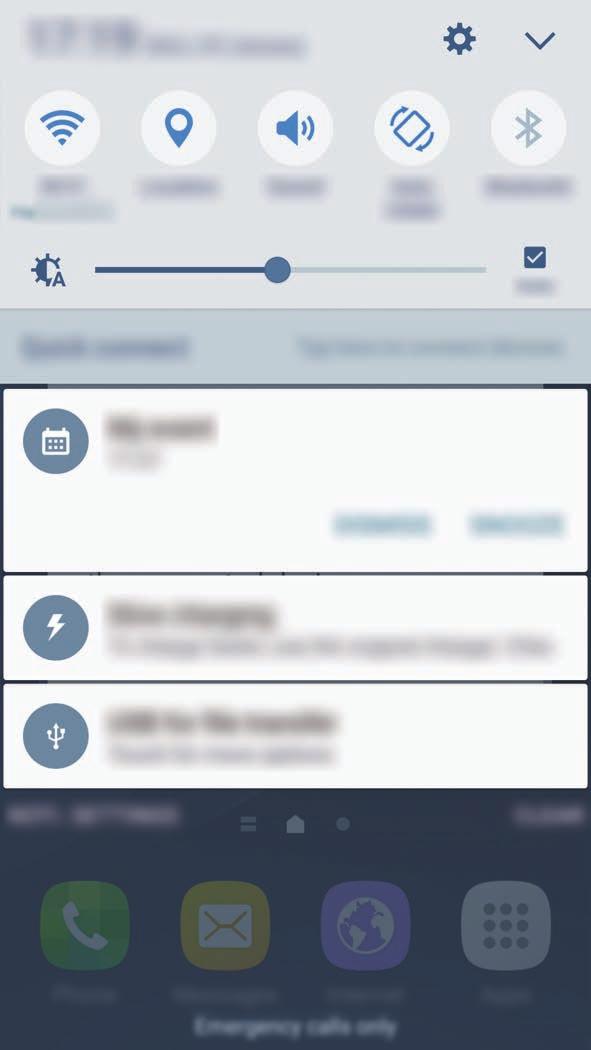 Para fechar o painel de notificação, deslize o dedo de baixo para cima no ecrã. Pode utilizar as funções seguintes no painel de notificações.