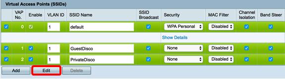 Etapa 5. Verifique a caixa de verificação da possibilidade para permitir o SSID. Nota: Neste exemplo, o GuestDisco e o disco privado são verificados. Etapa 6.