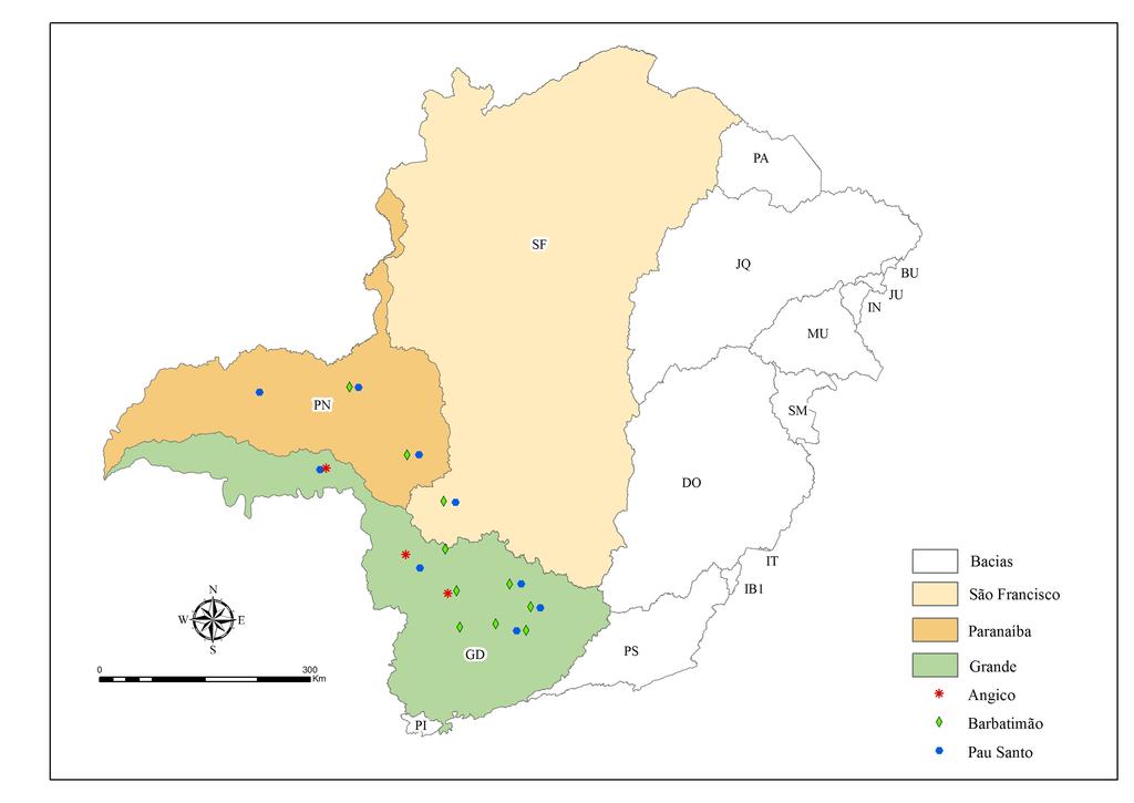 FIGURA 2 Mapa do estado de Minas Gerais, destacando os municípios onde foram realizadas as cubagens das árvores de angico-vermelho, barbatimão e pau-santo.