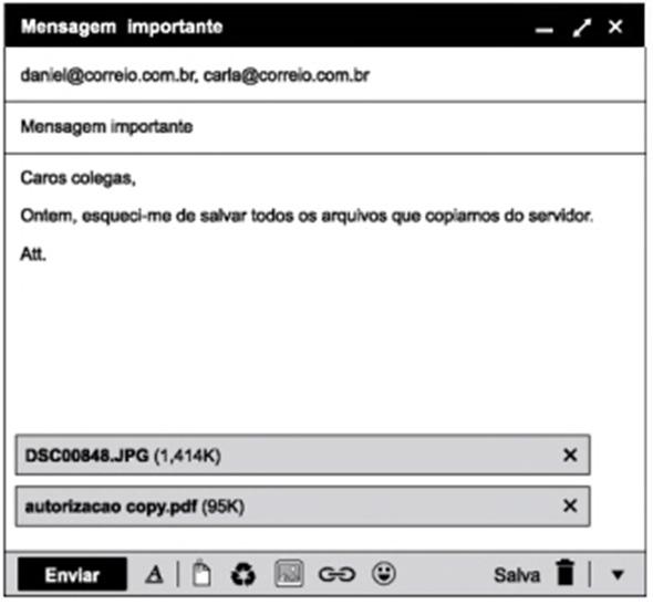 2. (2018 VUNESP ARSESP Analista de Suporte à Regulação I) Observe a tela de edição de novas mensagens do GMAIL, acessada no navegador Google Chrome, versão 64.0.3282.