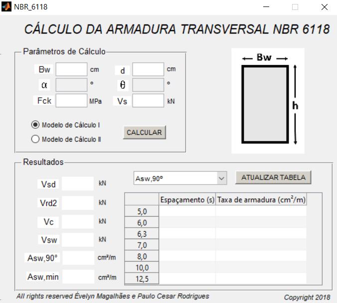 Inicialmente, deve-se escolher o modelo de cálculo desejado, pois a partir desta escolha, alguns parâmetros serão ou não liberados, ou seja, no modelo de cálculo I, os ângulos α e θ não são