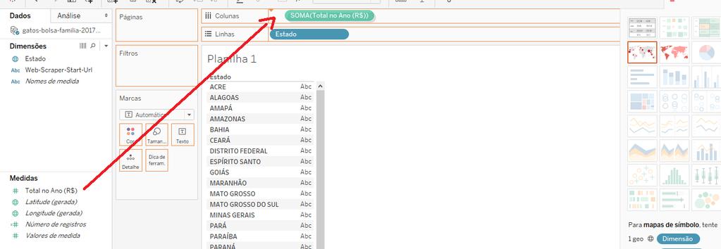 b) Em dimensões arraste Estado para a coluna esquerda da planilha e então o Tableau apresentará uma lista com os estados brasileiros.