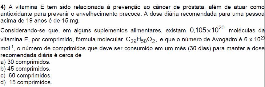 30 dias. 15 mg Vit E. dia 1 g Vit E 10 3 mg vit E. 1 Mol Vit E 430 g Vit E.