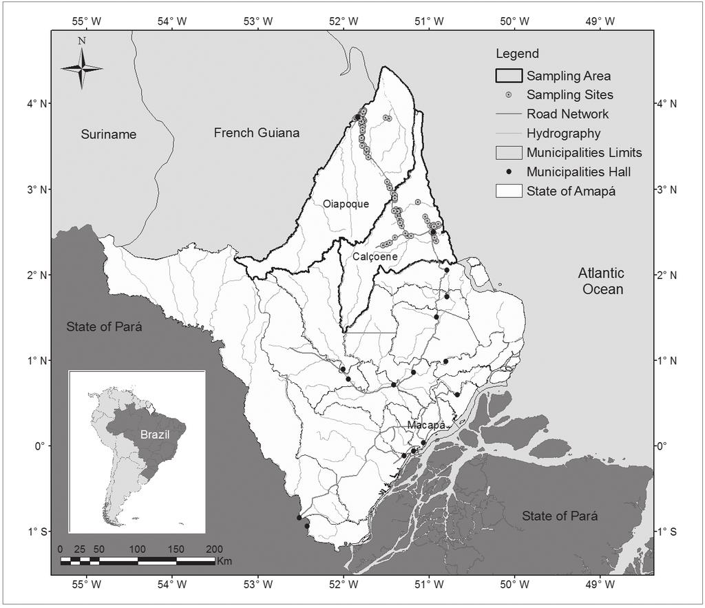 318 2017 Florida Entomologist Volume 100, No. 2 Fig. 1. Fruit sampling sites in extreme north of Amapá State, Brazil (May 2011 Jul 2013). Anastrepha obliqua was obtained from Spondias mombin Jacq.