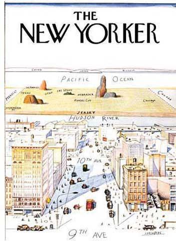 Figura 4 - A New Yorker's View of the World A ilustração é dividida em duas secções: a parte inferior, onde se encontra a 9ª e 10ª Avenida; e o rio Hudson da cidade Manhattan; no topo pode