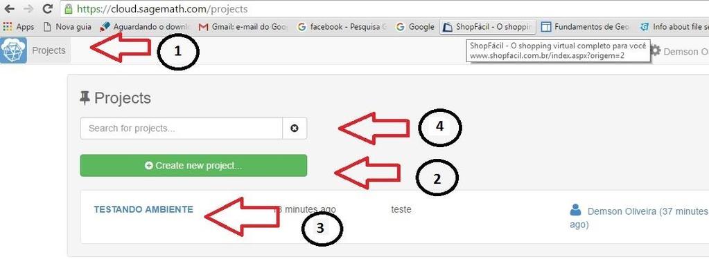 2 a - Após ter acesso ao SageMath, você deverá abrir um novo projeto na interface inicial do programa (Figura 2). Clique no símbolo do Sage (1), depois no botão Create new Project (2).