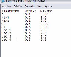 Figura 24 - Arquivo LIMITES.TXT contendo os valores dos limites relativos dos parâmetros calibráveis do modelo MGB-IPH. Produto - Arquivo ASCII LIMITES.