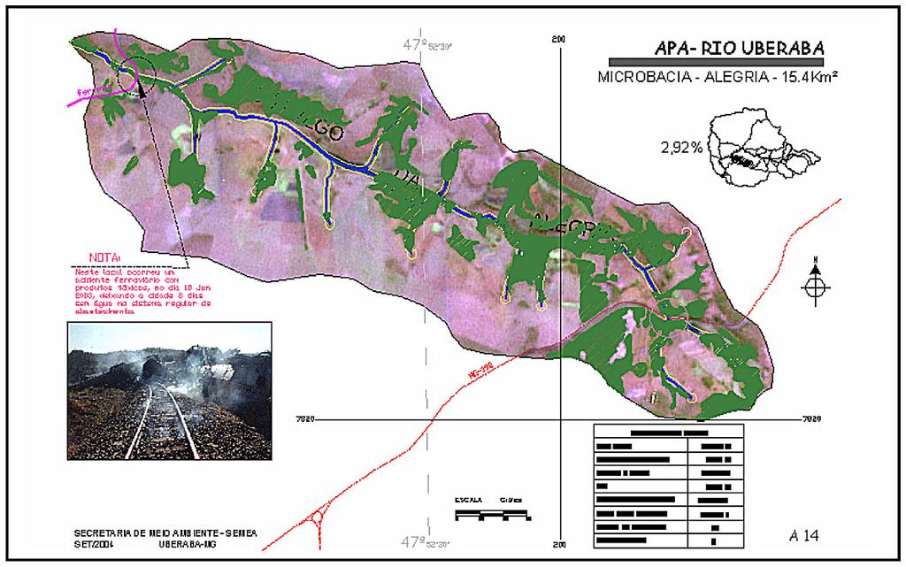 Quanto à cobertura vegetal na microbacia do córrego Alegria, existe 554,59 ha de área coberta com vegetação nativa, significando 37,04% da área desta microbacia, conforme imagem de satélite LAN-