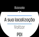 O ecrã da bússola inclui a seguinte informação: Seta a apontar para o norte magnético Ponto cardeal da direção Direção em graus Hora do dia (hora local) ou nível da bateria; toque no ecrã para mudar