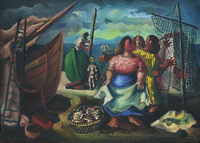 44 EMILIANO DI CAVALCANTI Pescadores. Óleo sobre tela. Assinado inferior direito. Assinado, datado 1946, titulado e situado Rio verso. 32 x 46 cm. R$ 2.400.000 / 2.800.